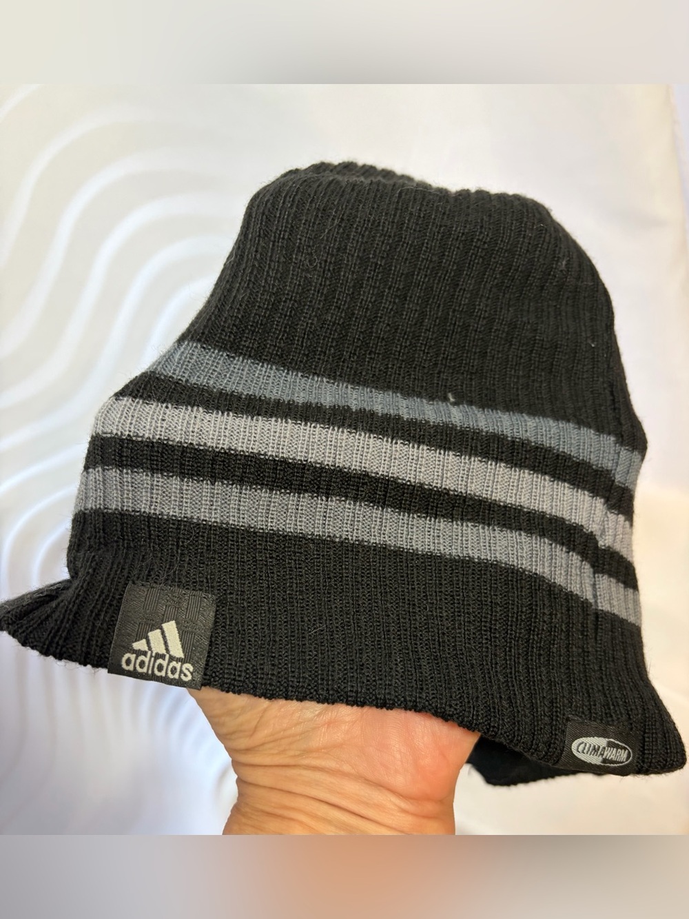NWT ADIDAS ClimaWarm Beanie Hat Black with Gray Stripes